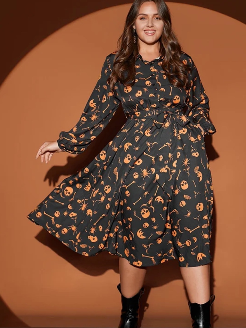 BloomChic Black & Orange Halloween Spider Skull Print Shirt Dress 14-16 *No Tie*